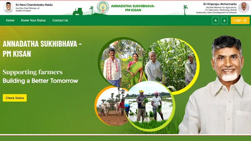 Telugu infographic guiding Andhra Pradesh farmers to check Annadata Sukhibhava Scheme 2025 payment status online using Aadhaar or mobile number at annadatasukhibhava.ap.gov.in